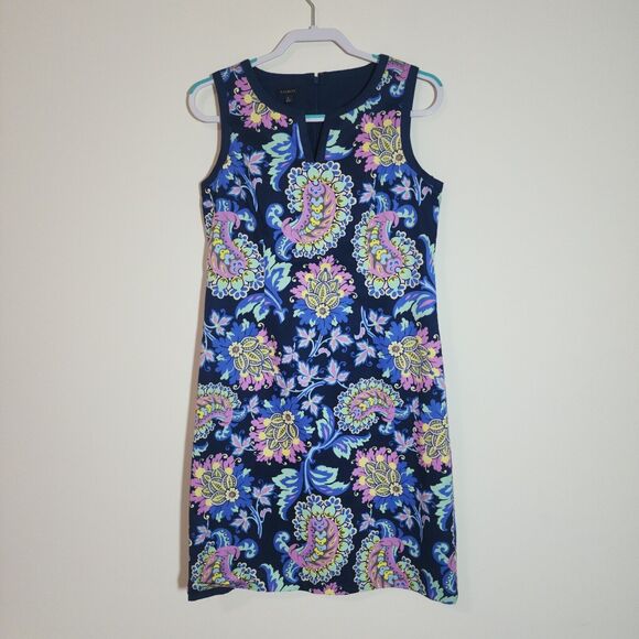 Talbots Paisley Shift Dress Womens Sz 8 Navy Blue Colorful Sleeveless Split Neck - Picture 2 of 8